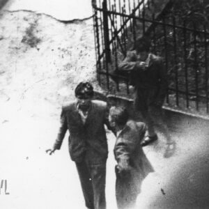 dwóch młodych mężczyzn i chłopiec sfotografowani od góry, prawdopodobnie z okna budynku,  stoją przy metalowym ogrodzeniu