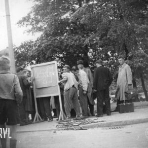 grupa mężczyzn stoi przy drewnianej tablicy, w głębi drzewa