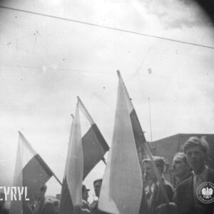 młodzi mężczyźni ujęci od pasa w górę, kilku z nich niesie flagi