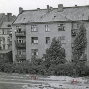 kilkupiętrowe budynki, przed nimi krzaki