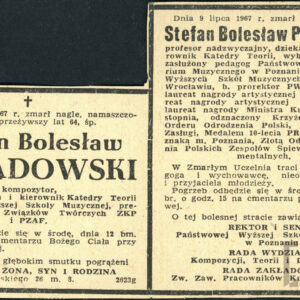 Nekrologi Stefana Bolesława Poradowskiego opublikowane przez rodzinę i Państwową Wyższą Szkołę Muzyczną