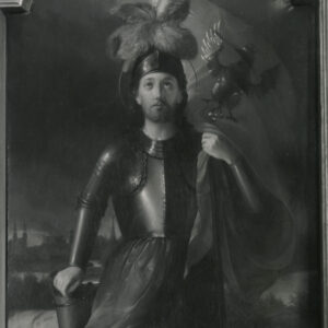 Obraz św. Floriana, autorstwa Jana Antoniego Simona (z ok. 1853 roku), z bocznego ołtarza w starym kościele św. Rocha, w lewym dolnym rogu panorama Poznania