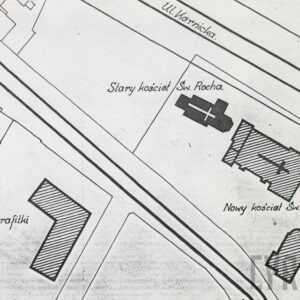 Plan sytuacyjny dwóch kościołów św. Rocha (starego i nowego) na fragmencie współczesnego planu miasta