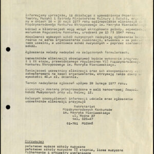 Informacja o ogólnopolskich eliminacjach do VII Międzynarodowego Konkursu Skrzypcowego im. Henryka Wieniawskiego