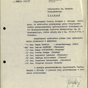 Zatwierdzenie składu jury i terminu ogólnopolskich eliminacji do VII Międzynarodowego Konkursu Skrzypcowego im. Henryka Wieniawskiego