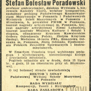 Nekrolog Stefana Bolesława Poradowskiego opublikowany przez władze i pracowników Państwowej Wyższej Szkoły Muzycznej