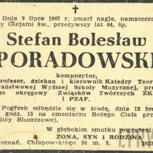 Nekrolog Stefana Bolesława Poradowskiego opublikowany przez rodzinę
