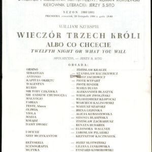 Program spektaklu Wieczór Trzech Króli albo co chcecie Williama Szekspira w Teatrze Polskim w Poznaniu