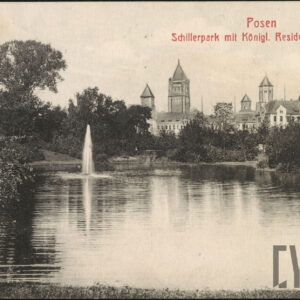 Staw w Parku Schillera (dzisiaj Park Karola Marcinkowskiego) z panoramą Zamku Cesarskiego (dzisiaj CK Zamek)