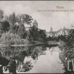 Staw w Parku Schillera (dzisiaj Park Karola Marcinkowskiego) z panoramą Zamku Cesarskiego (dzisiaj CK Zamek)