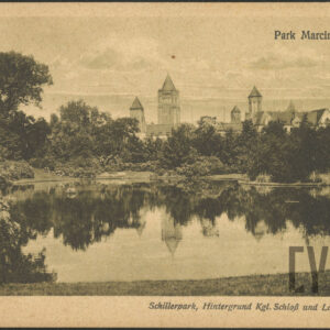 Staw w Parku Schillera (dzisiaj Park Karola Marcinkowskiego) około 1915 roku, w głębi gmachy Dzielnicy Cesarskiej z Zamkiem Cesarskim (dzisiaj CK Zamek)