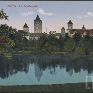 Staw w Parku Schillera (dzisiaj Park Karola Marcinkowskiego), w głębi Dzielnica Cesarska z Zamkiem Cesarskim (dzisiaj CK Zamek)
