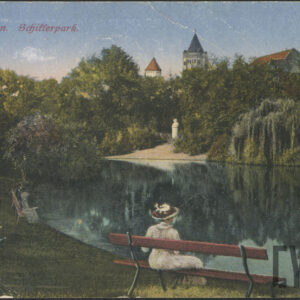 Park Schillera (dzisiaj Park Karola Marcinkowskiego), w głębi popiersie poety i wieża Zamku Cesarskiego