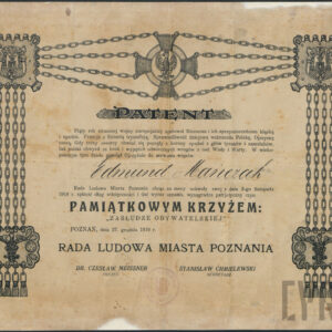 Patent do Pamiątkowego Krzyża Zasługi Obywatelskiej dla Edmunda Mańczaka za czynny udział w powstaniu wielkopolskim