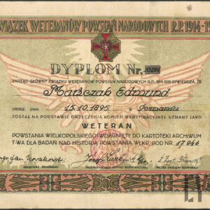 Dyplom nr 10294 wydany przez Zarząd Główny Związku Weteranów Powstań Narodowych R.P. 1914–1918 uznający Edmunda Mańczaka za weterana powstania wielkopolskiego