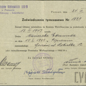 Zaświadczenie Związku Powstańców Wielkopolskich 1918/19 potwierdzające udział Edmunda Mańczaka w powstaniu wielkopolskim