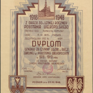Dyplom uznania przyznany Edmundowi Mańczakowi za czynny udział w akcji zbrojnej w powstaniu wielkopolskim w 1918 i 1919 roku z okazji 30. rocznicy powstania wielkopolskiego