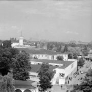 budynki wystawowe, dookoła nich drzewa