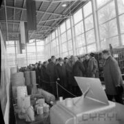 duża grupa mężczyzn w płaszczach, część z nich w kapeluszach na głowach, ogląda stoisko z artykułami metalowymi w hali wystawowej