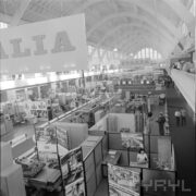 stoiska w hali wystawowej, zwiedzający ludzie