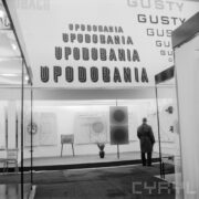 stoiska w hali wystawowej, nad nimi duży napis: upodobania, z prawej gusty, przed stoiskami stoi jeden mężczyzna w prochowcu