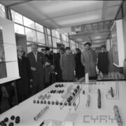 grupa mężczyzn, część w płaszczach, oglądają stoisko w hali targowej