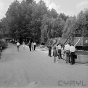 rozłożone nadmuchiwane materace i baseny dmuchane, w głębi drzewa, asfaltowym chodnikiem spacerują ludzie
