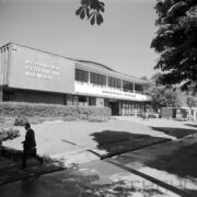 otynkowana hala wystawowa, z dużymi oknami, na przodzie żywopłot