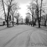 szeroka asfaltowa ulica na terenie targów, po bokach niej drzewa bez liści, z prawej i lewej pawilony targowe