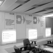 tablice reklamowe, poniżej z prawej stolik z fotelami