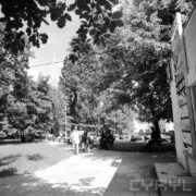 trawnik otoczony drzewami, spacerujący ludzie, z prawej fragment budynku