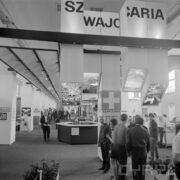 stoiska w hali wystawowej, zwiedzający ludzie