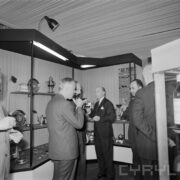 grupa mężczyzn pijąca z kieliszków w pawilonie wystawowym