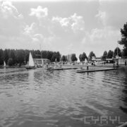 tory regatowe nad jeziorem, w głębi budynek ze skośnym dachem, spacerujący po trawie ludzie