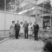 grupa kobiet i mężczyzn pozuje w jednym rzędzie na tle przeszklonego budynku