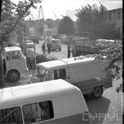 teren targów, na chodnikach i przy ulicach zaparkowane samochody dostawcze, z prawej i lewej strony zdjęcia widoczne gałęzie drzew