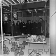 grupa mężczyzn, część w płaszczach, część w garniturach i kilka kobiet oglądają stoiska w hali targowej