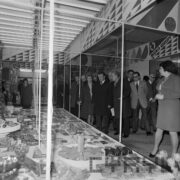 grupa mężczyzn, część w płaszczach, część w garniturach i kilka kobiet oglądają towary wystawione na stoiskach w hali targowej